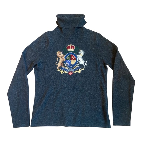 Lauren Ralph Lauren Sweaters - Ralph Lauren Crest Intarsia Cashmere Wool Sweater Lion Unicorn Navy Vintage SM